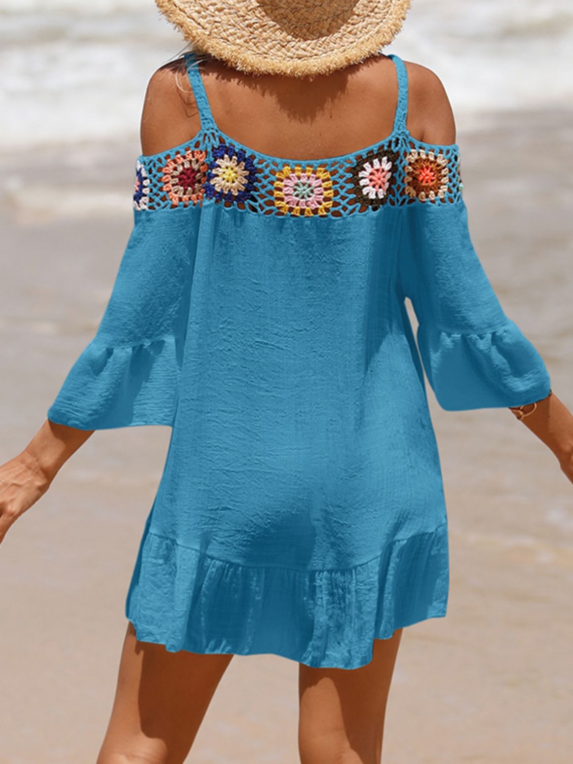 Crochet Cold Shoulder Three-Quarter Sleeve Cover Up Crochet Cold Shoulder Three-Quarter Sleeve Cover Up